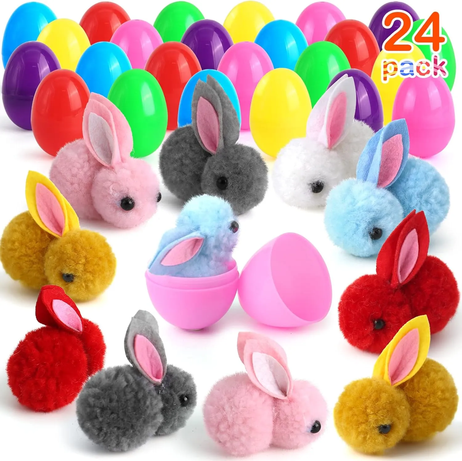 24 Pack Easter Eggs Fillers with Easter Bunny Plush, Easter Basket Stuffers for Kids Easter Eggs with Toys Inside, Easter Bunny Mini Stuffed Animal for Easter Eggs Hunts Party Favors Surprise Egg
