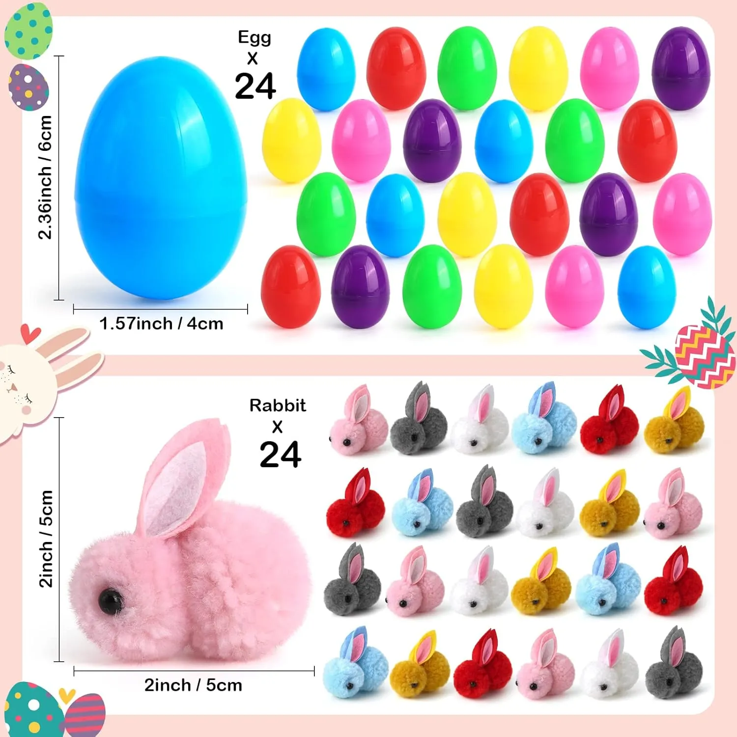 24 Pack Easter Eggs Fillers with Easter Bunny Plush, Easter Basket Stuffers for Kids Easter Eggs with Toys Inside, Easter Bunny Mini Stuffed Animal for Easter Eggs Hunts Party Favors Surprise Egg