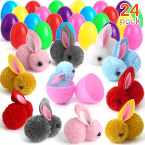 24 Pack Easter Eggs Fillers with Easter Bunny Plush, Easter Basket Stuffers for Kids Easter Eggs with Toys Inside, Easter Bunny Mini Stuffed Animal for Easter Eggs Hunts Party Favors Surprise Egg