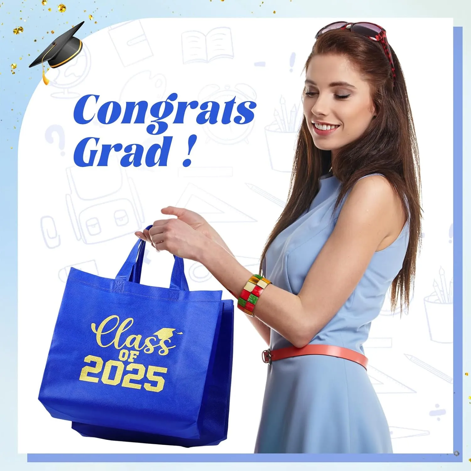 24 Sets Graduation Gift Bags Bulk Reusable Non Woven Class of 2025 Tote Bag with Handle Tissue Paper Graduation Party Favors for College High School Decoration(Blue,12.2 x 11.02 x 4.72 Inch)