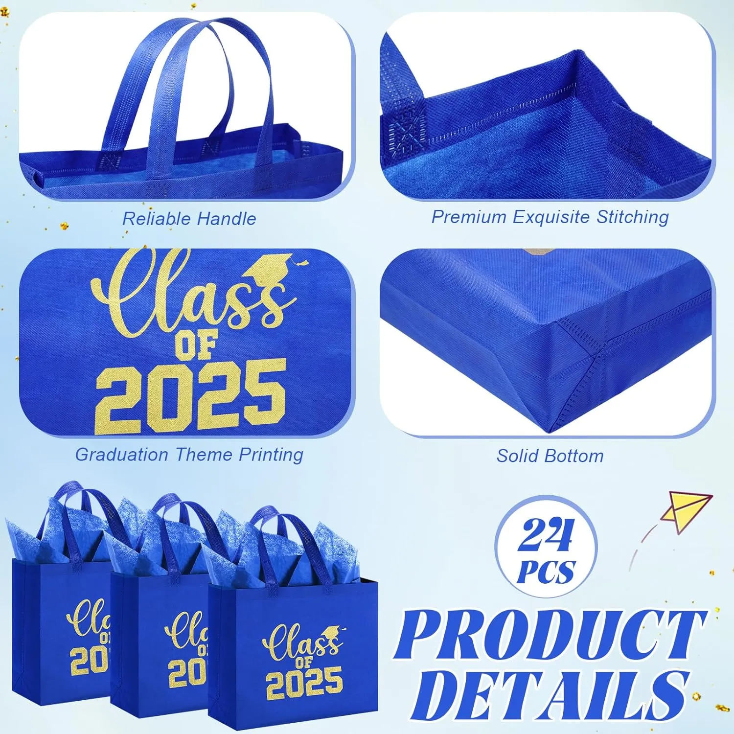 24 Sets Graduation Gift Bags Bulk Reusable Non Woven Class of 2025 Tote Bag with Handle Tissue Paper Graduation Party Favors for College High School Decoration(Blue,12.2 x 11.02 x 4.72 Inch)