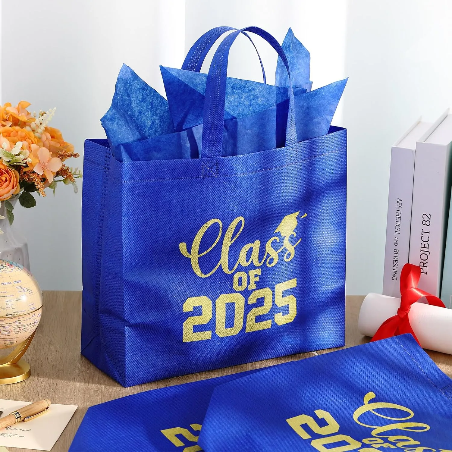 24 Sets Graduation Gift Bags Bulk Reusable Non Woven Class of 2025 Tote Bag with Handle Tissue Paper Graduation Party Favors for College High School Decoration(Blue,12.2 x 11.02 x 4.72 Inch)