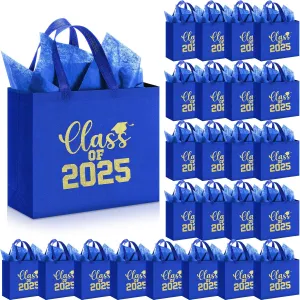 24 Sets Graduation Gift Bags Bulk Reusable Non Woven Class of 2025 Tote Bag with Handle Tissue Paper Graduation Party Favors for College High School Decoration(Blue,12.2 x 11.02 x 4.72 Inch)