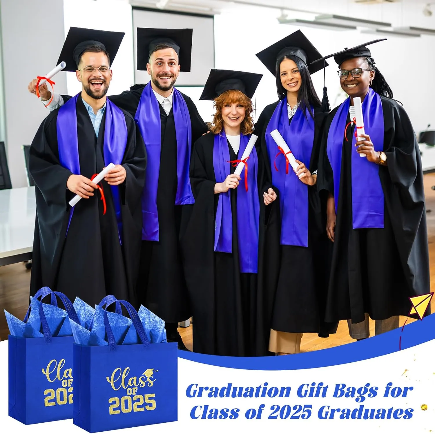 24 Sets Graduation Gift Bags Bulk Reusable Non Woven Class of 2025 Tote Bag with Handle Tissue Paper Graduation Party Favors for College High School Decoration(Blue,12.2 x 11.02 x 4.72 Inch)