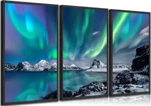 3 Pieces Modern Northern Lights Canvas Wall Art Blue and Green Aurora Scenery Painting Pictures Wall Decor Poster Print Artwork for Living Room Bedroom Bathroom Office Home Decoration Unframed