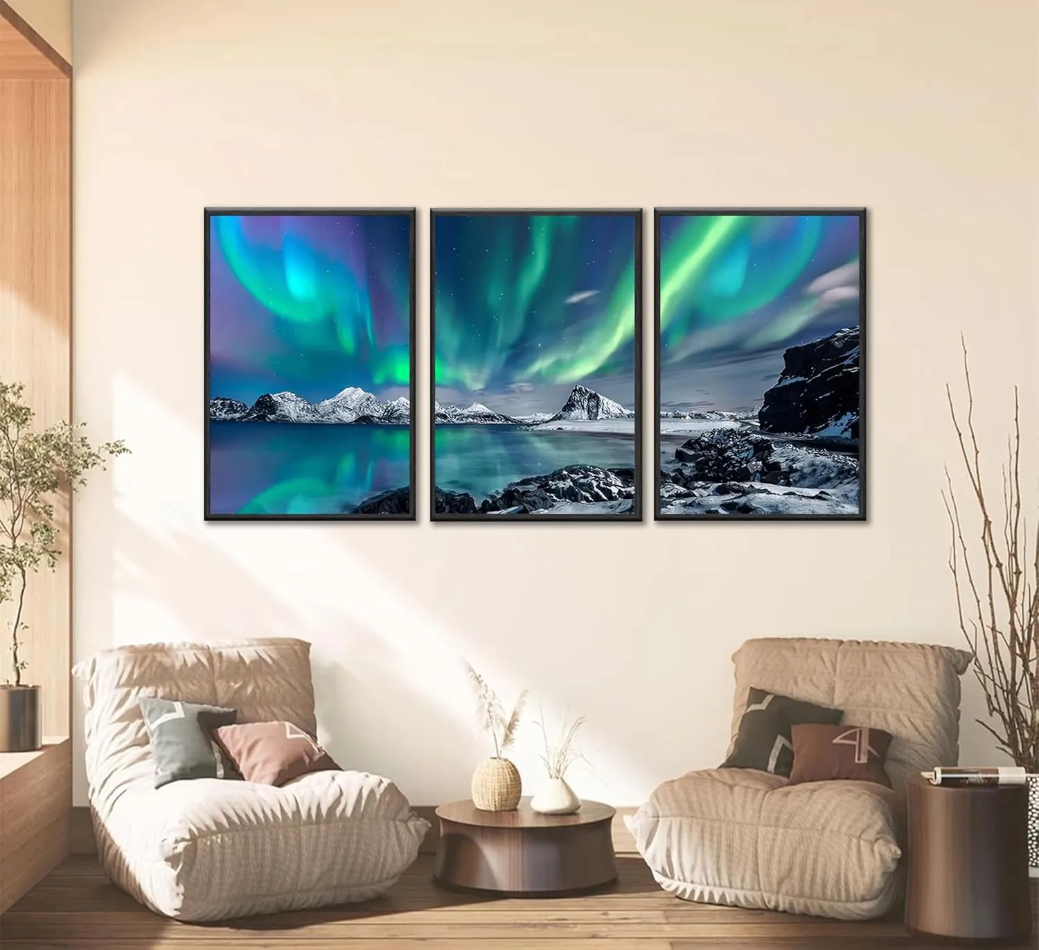 3 Pieces Modern Northern Lights Canvas Wall Art Blue and Green Aurora Scenery Painting Pictures Wall Decor Poster Print Artwork for Living Room Bedroom Bathroom Office Home Decoration Unframed