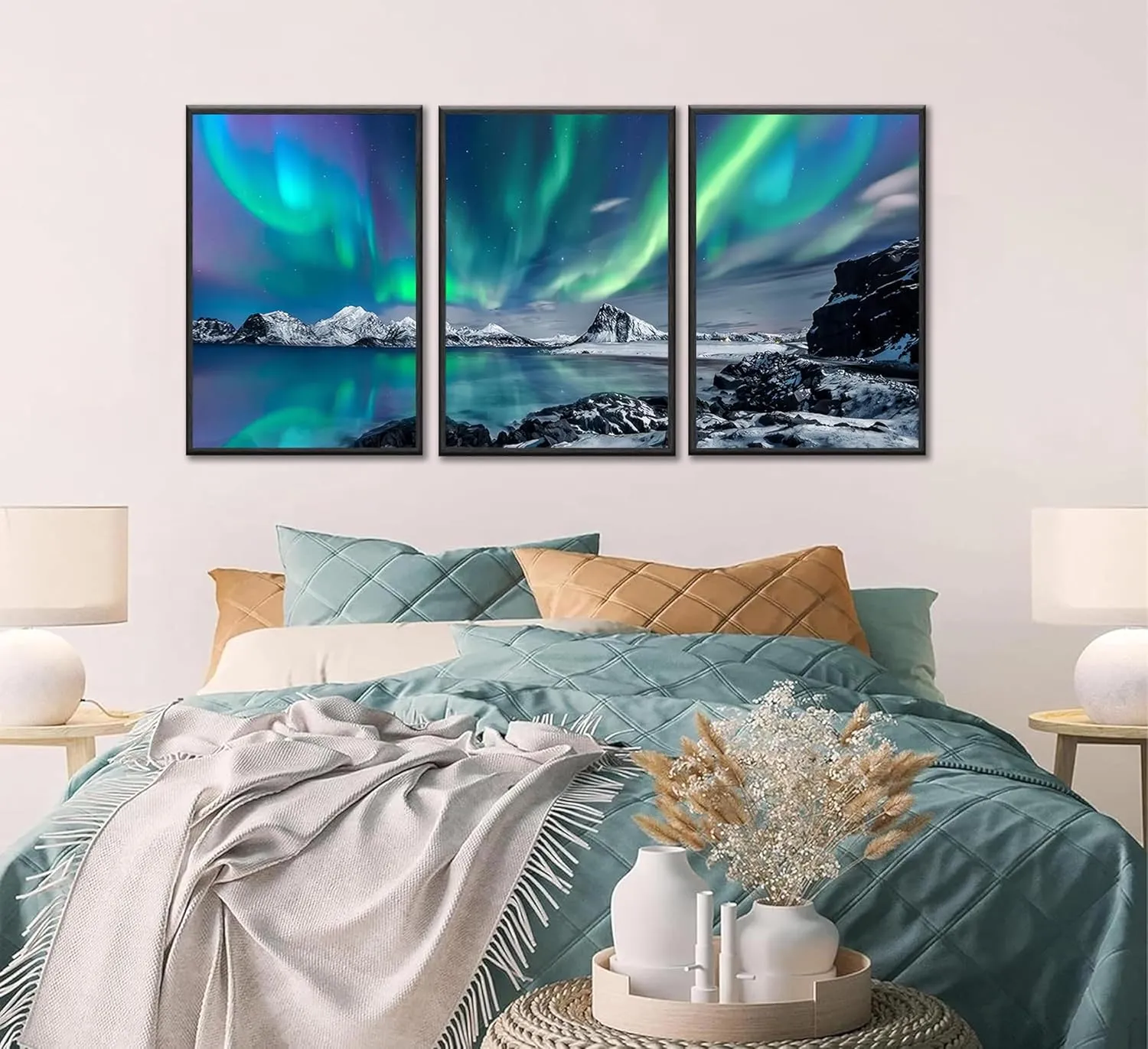 3 Pieces Modern Northern Lights Canvas Wall Art Blue and Green Aurora Scenery Painting Pictures Wall Decor Poster Print Artwork for Living Room Bedroom Bathroom Office Home Decoration Unframed