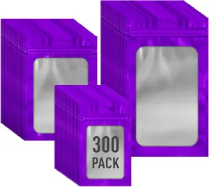 300 Pack 3 Size Mylar Packaging Bags with Front Window, Zipper Resealable Bag Smell Proof Foil Bags for Jewelry, Sample, Food Storage(Purple,3x4.7,4x6,4.7x7.9in)