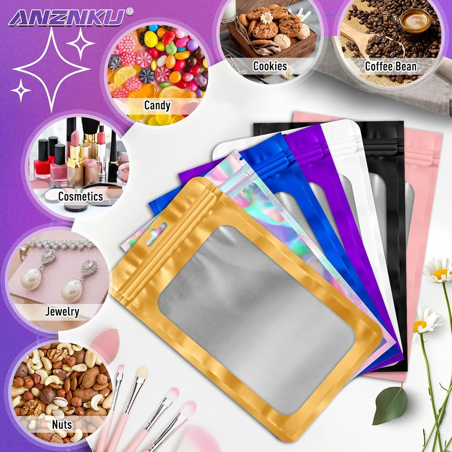 300 Pack 3 Size Mylar Packaging Bags with Front Window, Zipper Resealable Bag Smell Proof Foil Bags for Jewelry, Sample, Food Storage(Purple,3x4.7,4x6,4.7x7.9in)