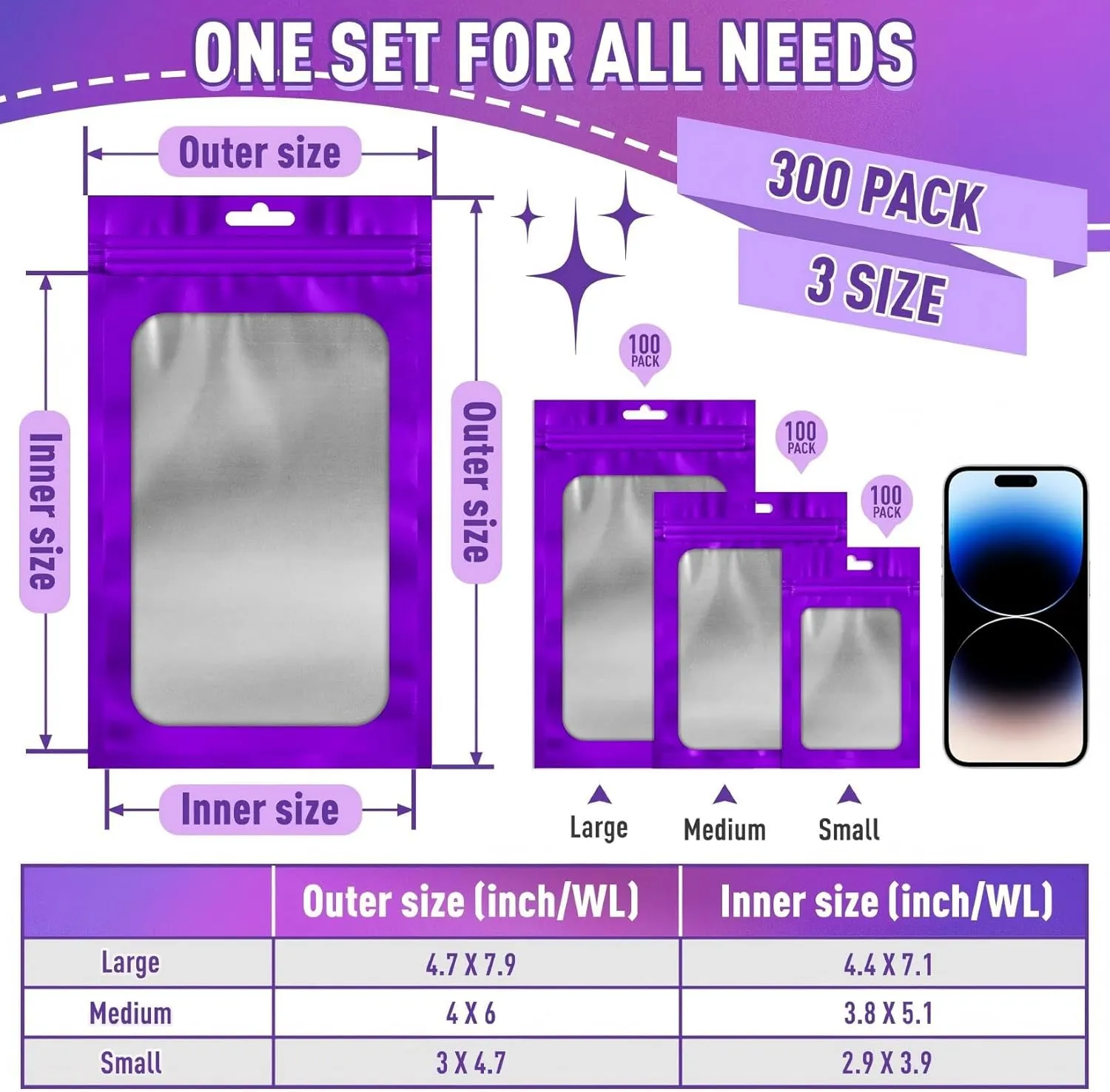 300 Pack 3 Size Mylar Packaging Bags with Front Window, Zipper Resealable Bag Smell Proof Foil Bags for Jewelry, Sample, Food Storage(Purple,3x4.7,4x6,4.7x7.9in)
