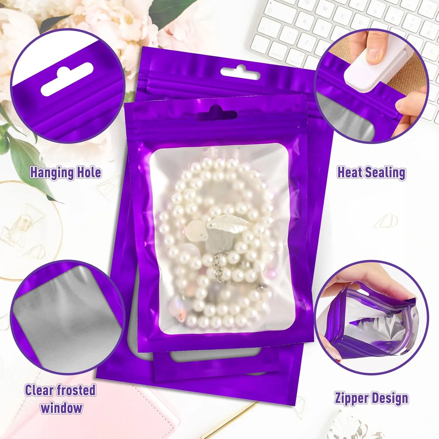 300 Pack 3 Size Mylar Packaging Bags with Front Window, Zipper Resealable Bag Smell Proof Foil Bags for Jewelry, Sample, Food Storage(Purple,3x4.7,4x6,4.7x7.9in)