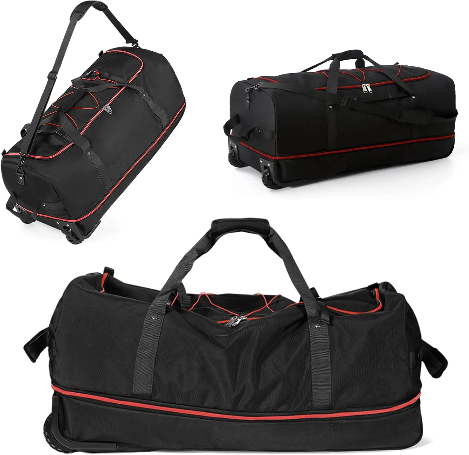 32" Soft-Sided Wheeled Luggage Bag,110L Expandable 140L Rolling Duffle Bag,Foldable Large Travel Bags with 2 Wheels,No Telescope Handle,Black-red