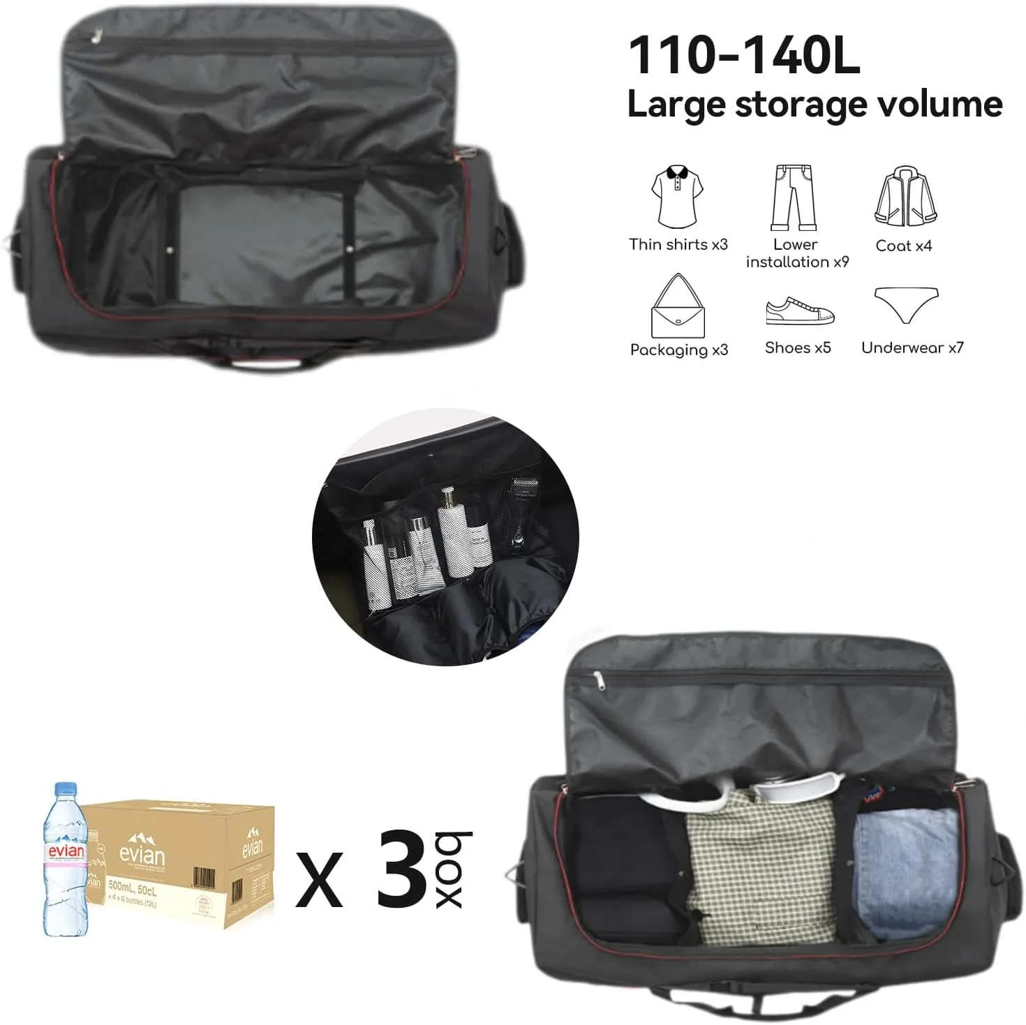 32" Soft-Sided Wheeled Luggage Bag,110L Expandable 140L Rolling Duffle Bag,Foldable Large Travel Bags with 2 Wheels,No Telescope Handle,Black-red