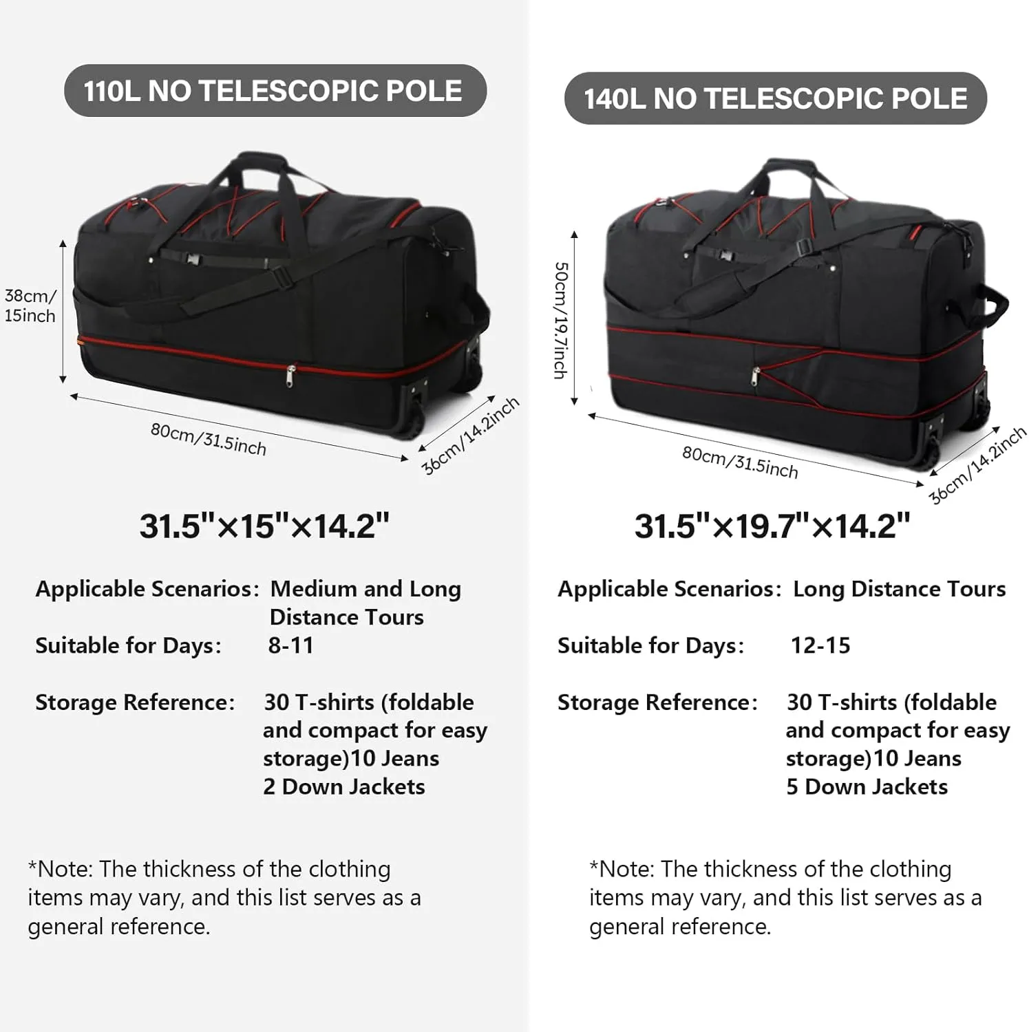 32" Soft-Sided Wheeled Luggage Bag,110L Expandable 140L Rolling Duffle Bag,Foldable Large Travel Bags with 2 Wheels,No Telescope Handle,Black-red