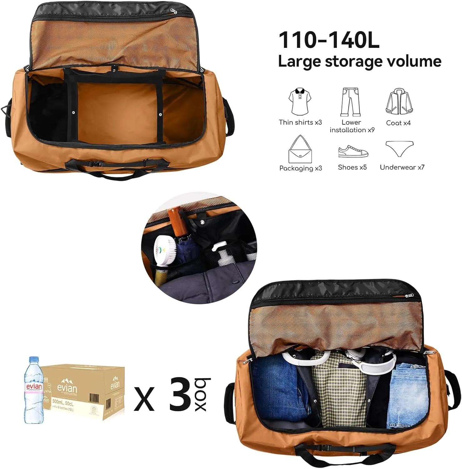 32" Soft-Sided Wheeled Luggage Bag,110L Expandable 140L Rolling Duffle Bag,Foldable Large Travel Bags with 2 Wheels,No Telescope Handle,Brown