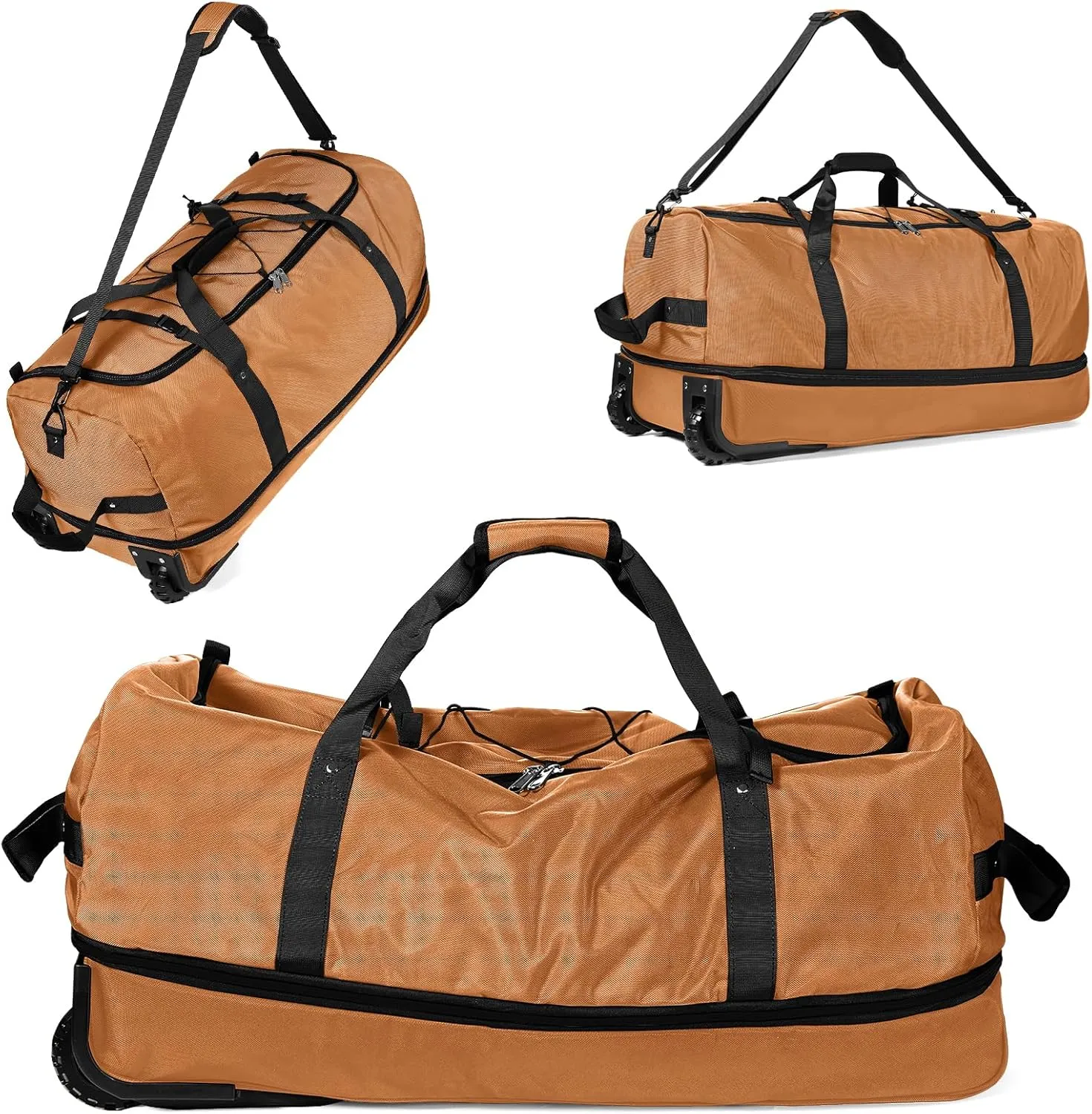 32" Soft-Sided Wheeled Luggage Bag,110L Expandable 140L Rolling Duffle Bag,Foldable Large Travel Bags with 2 Wheels,No Telescope Handle,Brown
