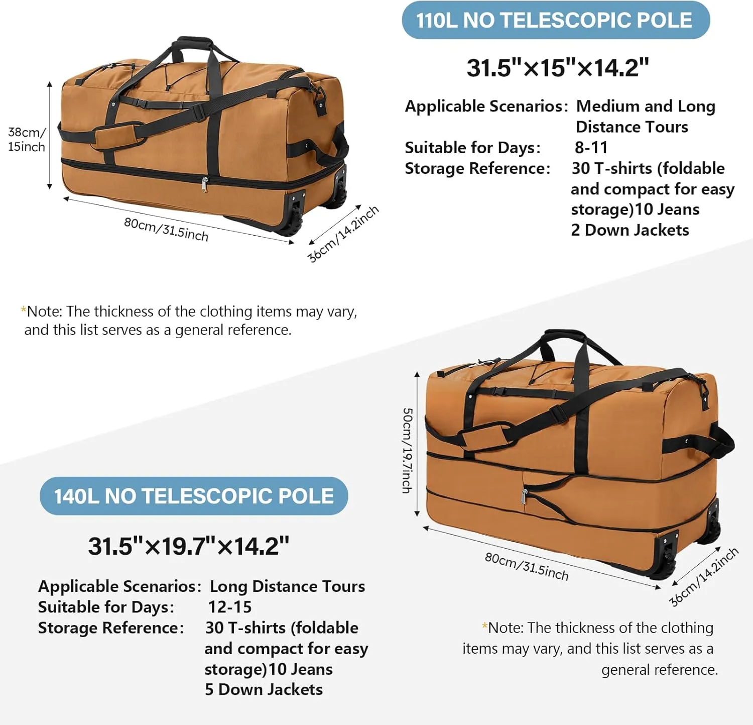 32" Soft-Sided Wheeled Luggage Bag,110L Expandable 140L Rolling Duffle Bag,Foldable Large Travel Bags with 2 Wheels,No Telescope Handle,Brown