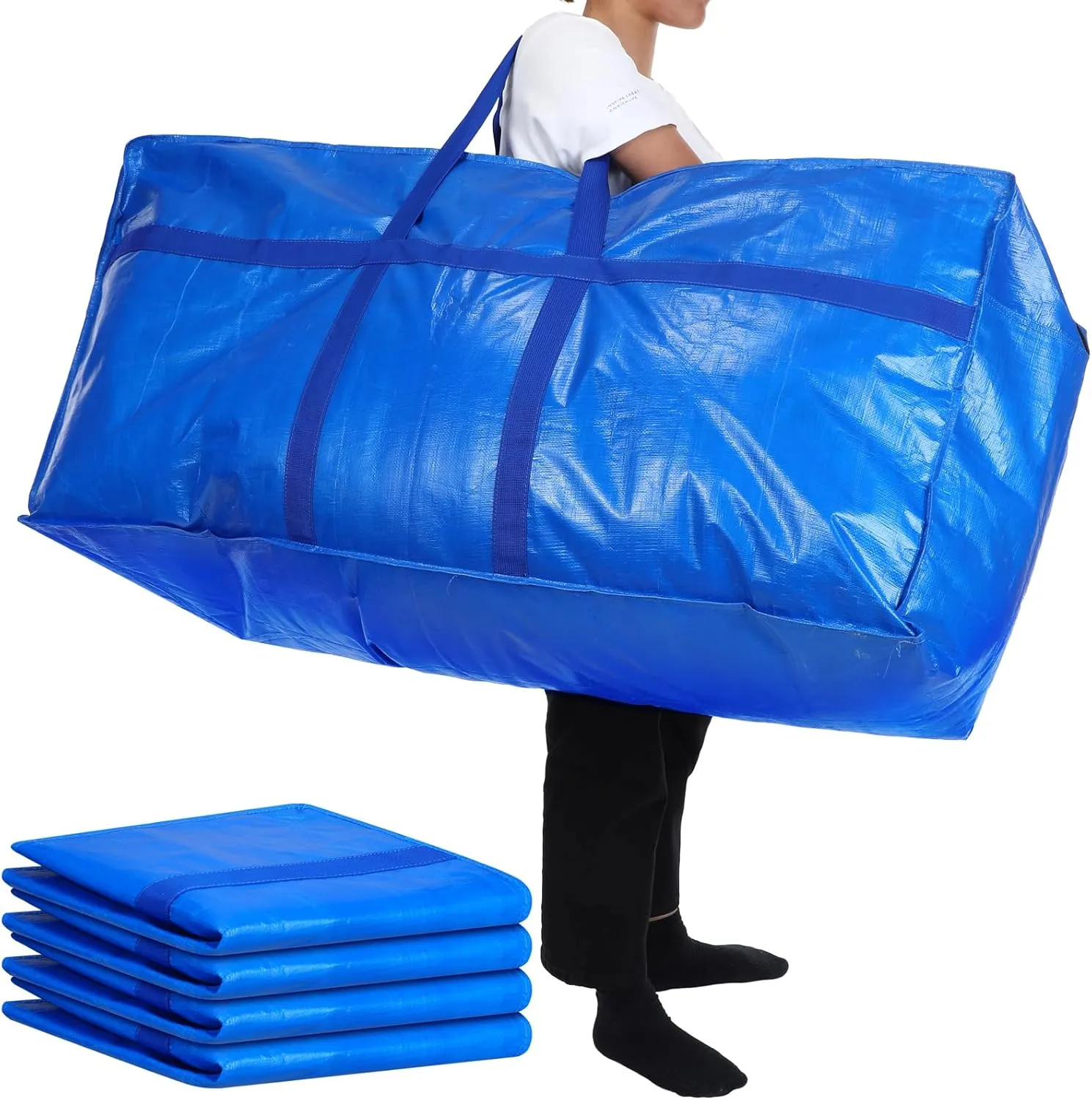 4 Pcs 66 Gallon Large Moving Bags with Zipper and Handles Foldable Storage Duffle Bags Heavy Duty Extra Large Totes for College Dorm Travel Clothes Blankets Bedding Moving(Blue)