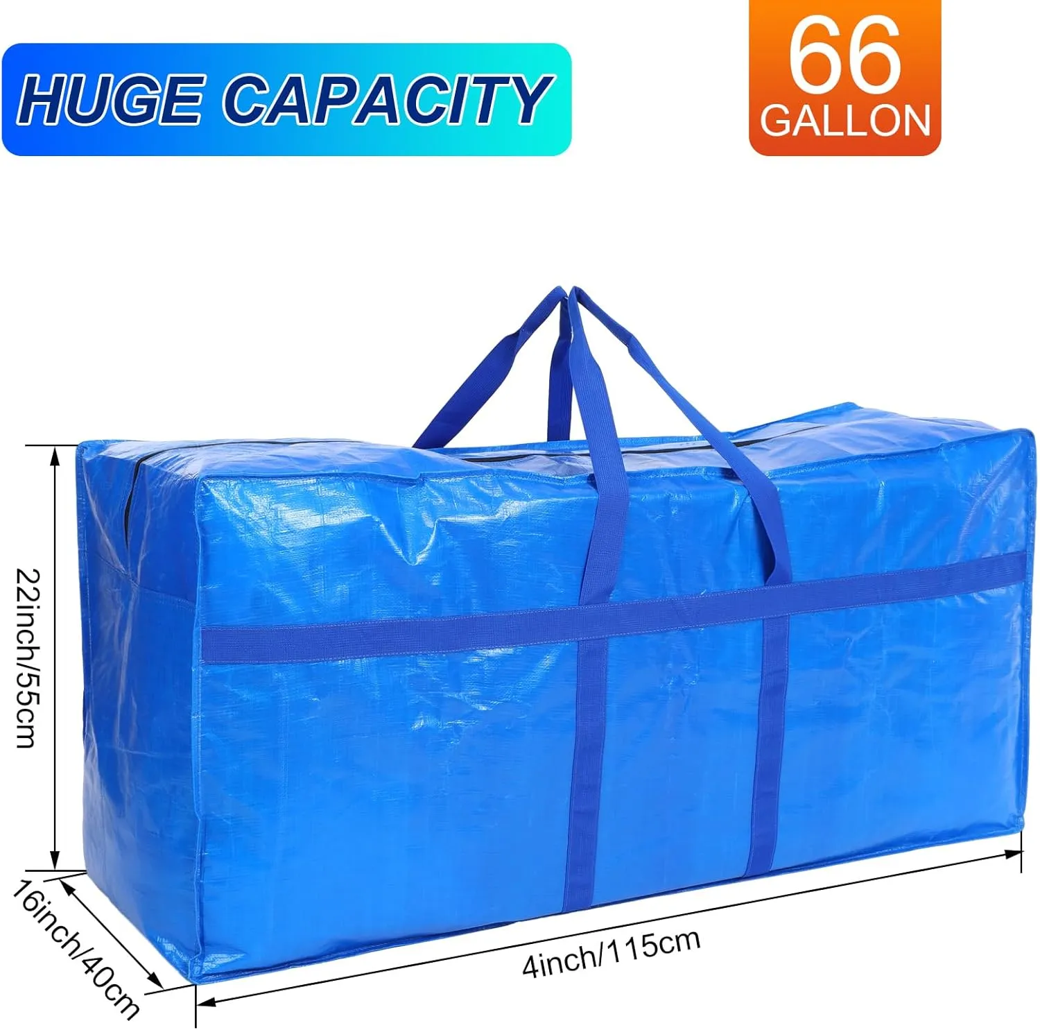 4 Pcs 66 Gallon Large Moving Bags with Zipper and Handles Foldable Storage Duffle Bags Heavy Duty Extra Large Totes for College Dorm Travel Clothes Blankets Bedding Moving(Blue)