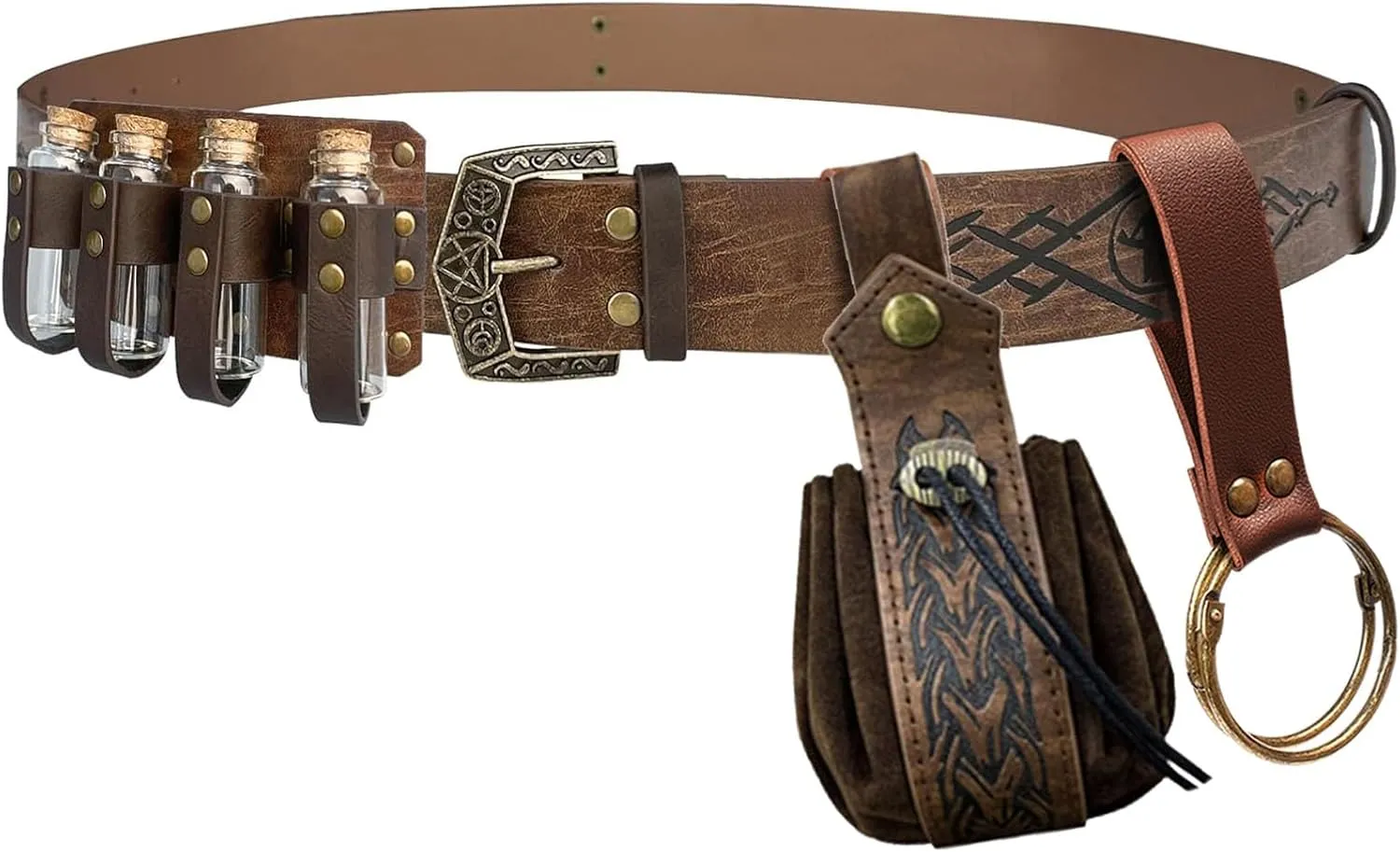 4 PCs Medieval Alchemy Belt Waist Pack Potion Bottle Vials Rerto Renaissance Belt Coin Purse Belt Pouch Cosplay Costume (Brown)