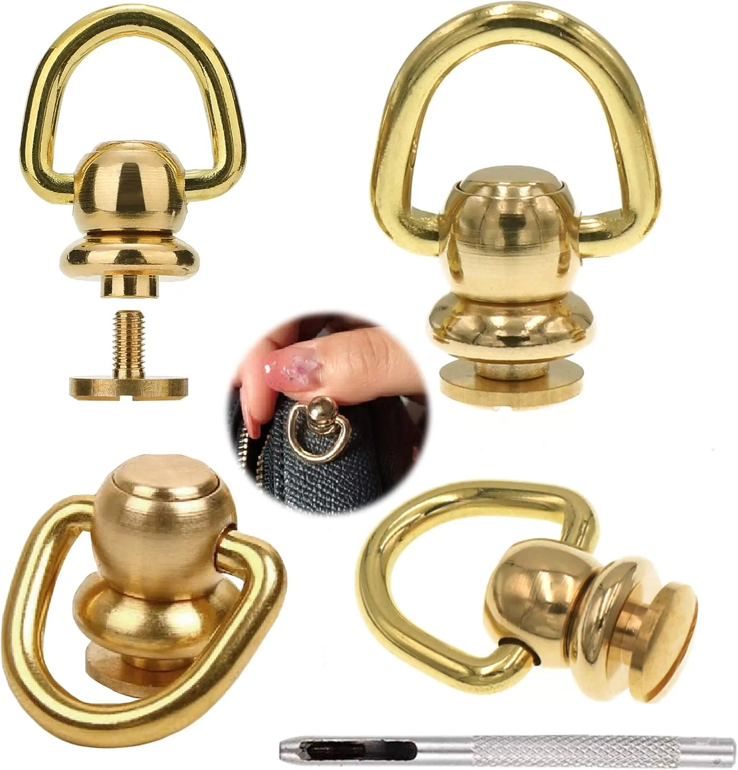 4Pcs Brass Ball Studs Rivets D Ring for Leather Crossbody Purse Craft