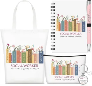 5 Pcs Social Worker Appreciation Gifts, Cosmetic Bag, Canvas Bag, Coil Notebook, Ballpoint Pen and Keychain Social Worker Month Gift for Women Office School Graduation Advocate Coworker