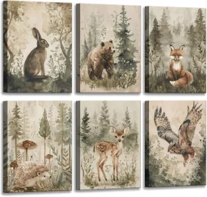 6 Pcs Woodland Nursery Canvas Wall Art Neutral Vintage Cottagecore Forest Safari Animals Natural Landscape Watercolor Painting Picture Wall Decor Poster Print Artwork for Baby Kids Room Decoration