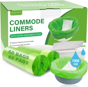 60 Pack Commode Liners with Super Absorbent Pads, Disposable Leakproof Bags for Bedside Commode, Universal Fit for Standard Toilet Chair Buckets