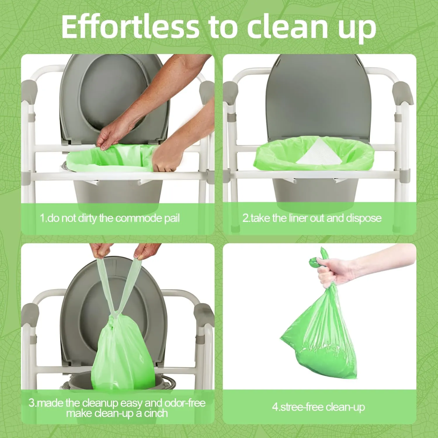 60 Pack Commode Liners with Super Absorbent Pads, Disposable Leakproof Bags for Bedside Commode, Universal Fit for Standard Toilet Chair Buckets