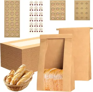 60Pcs Paper Bread Bags, XingyLi Large Brown Bakery Bag with Window Tin Tie Tab Lock, Kraft Food Packaging Bag with 60 Seal Stickers, Sourdough Bread Toast Bags for Sandwiches (14.1''X9.7''X3.5'')