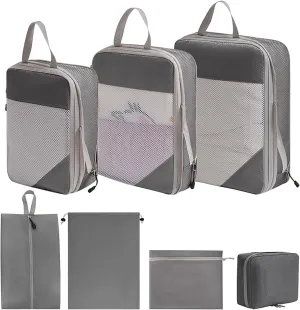 7 Set Compression Packing Cubes,Travel Organizer Bags,Expandable Suitcase Organizer with Toiletry Bag Shoes Bag Laundry Bags Travel Accessories for Men Women Grey