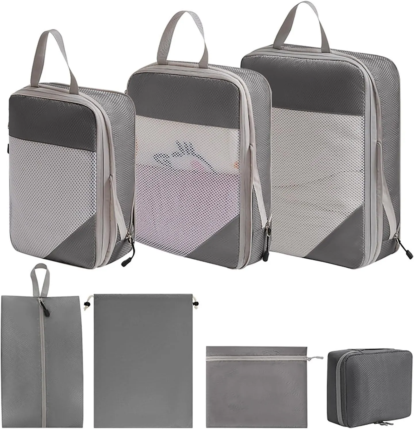 7 Set Compression Packing Cubes,Travel Organizer Bags,Expandable Suitcase Organizer with Toiletry Bag Shoes Bag Laundry Bags Travel Accessories for Men Women Grey
