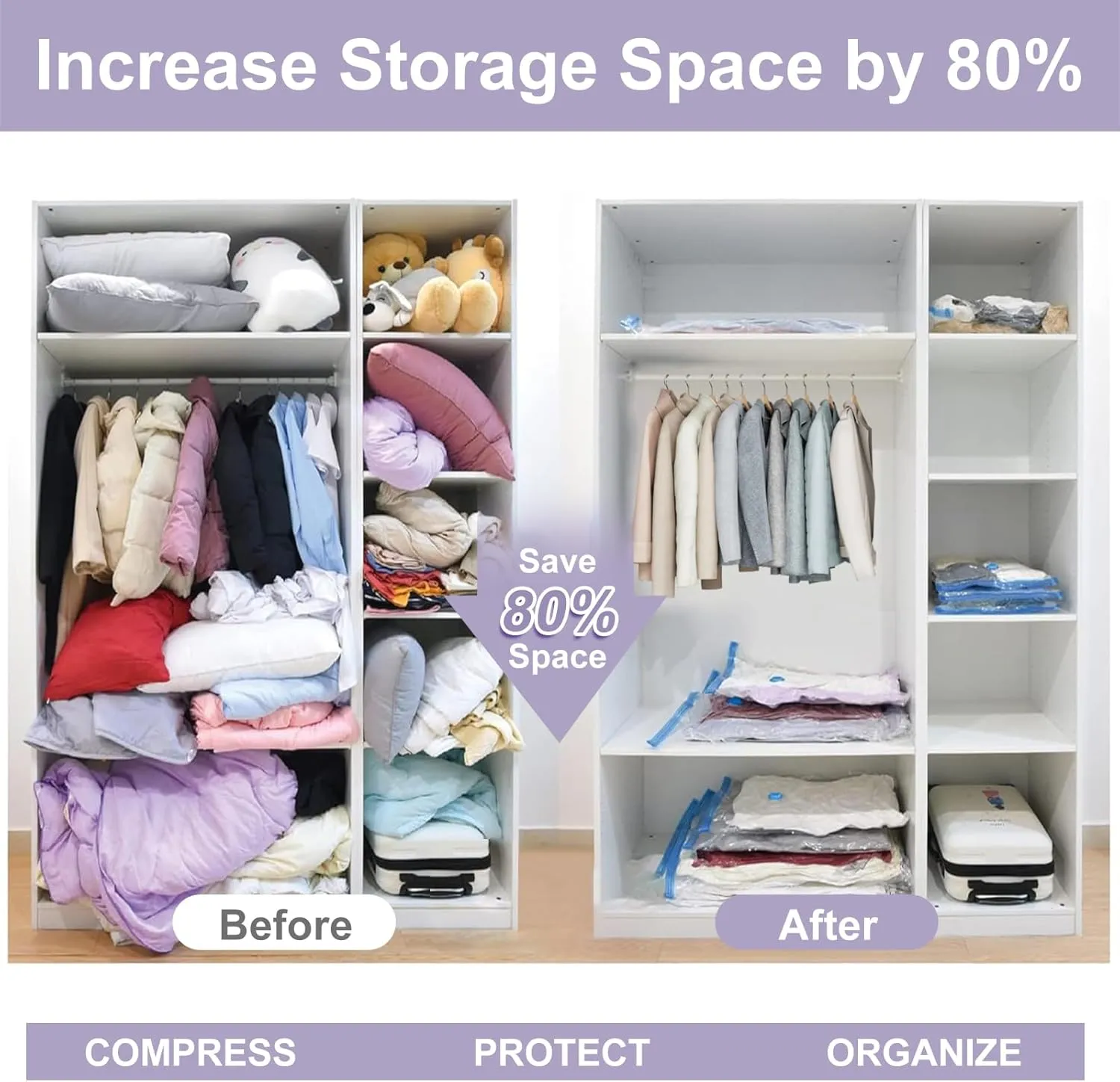 8 Pack Jumbo Vacuum Storage Bags with Hand Pump, 80% Space-Saving Vacuum Seal Bags for Clothing, Travel Luggage, Blankets and Comforters