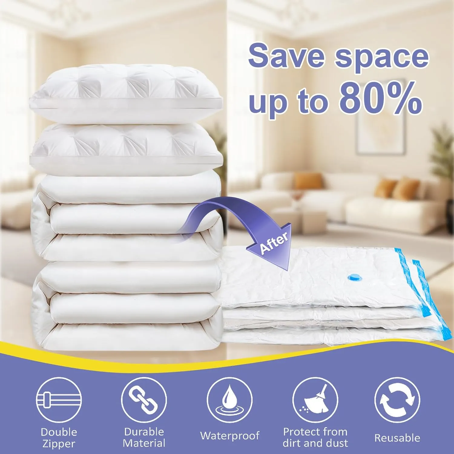8 Pack Jumbo Vacuum Storage Bags with Hand Pump, 80% Space-Saving Vacuum Seal Bags for Clothing, Travel Luggage, Blankets and Comforters
