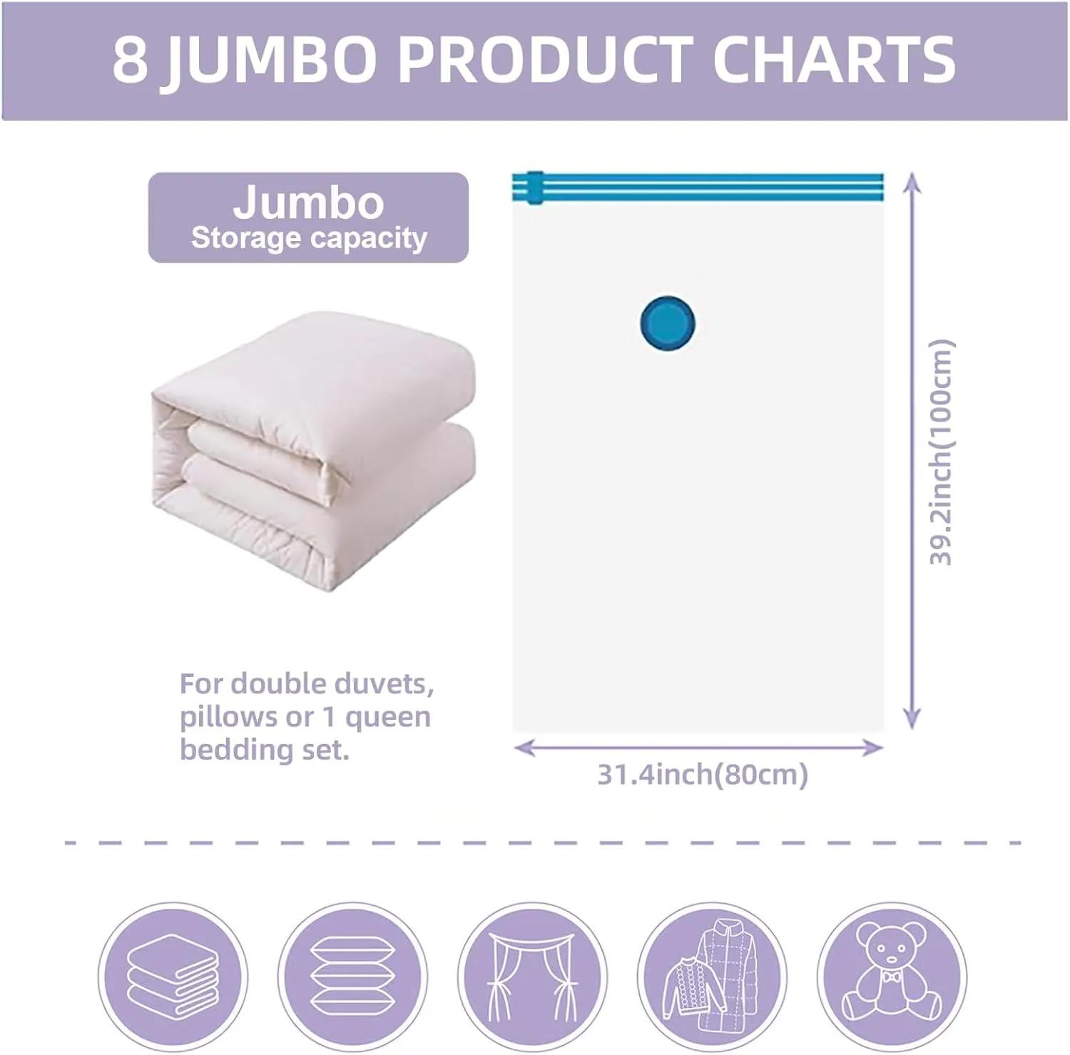 8 Pack Jumbo Vacuum Storage Bags with Hand Pump, 80% Space-Saving Vacuum Seal Bags for Clothing, Travel Luggage, Blankets and Comforters