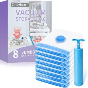 8 Pack Jumbo Vacuum Storage Bags with Hand Pump, 80% Space-Saving Vacuum Seal Bags for Clothing, Travel Luggage, Blankets and Comforters