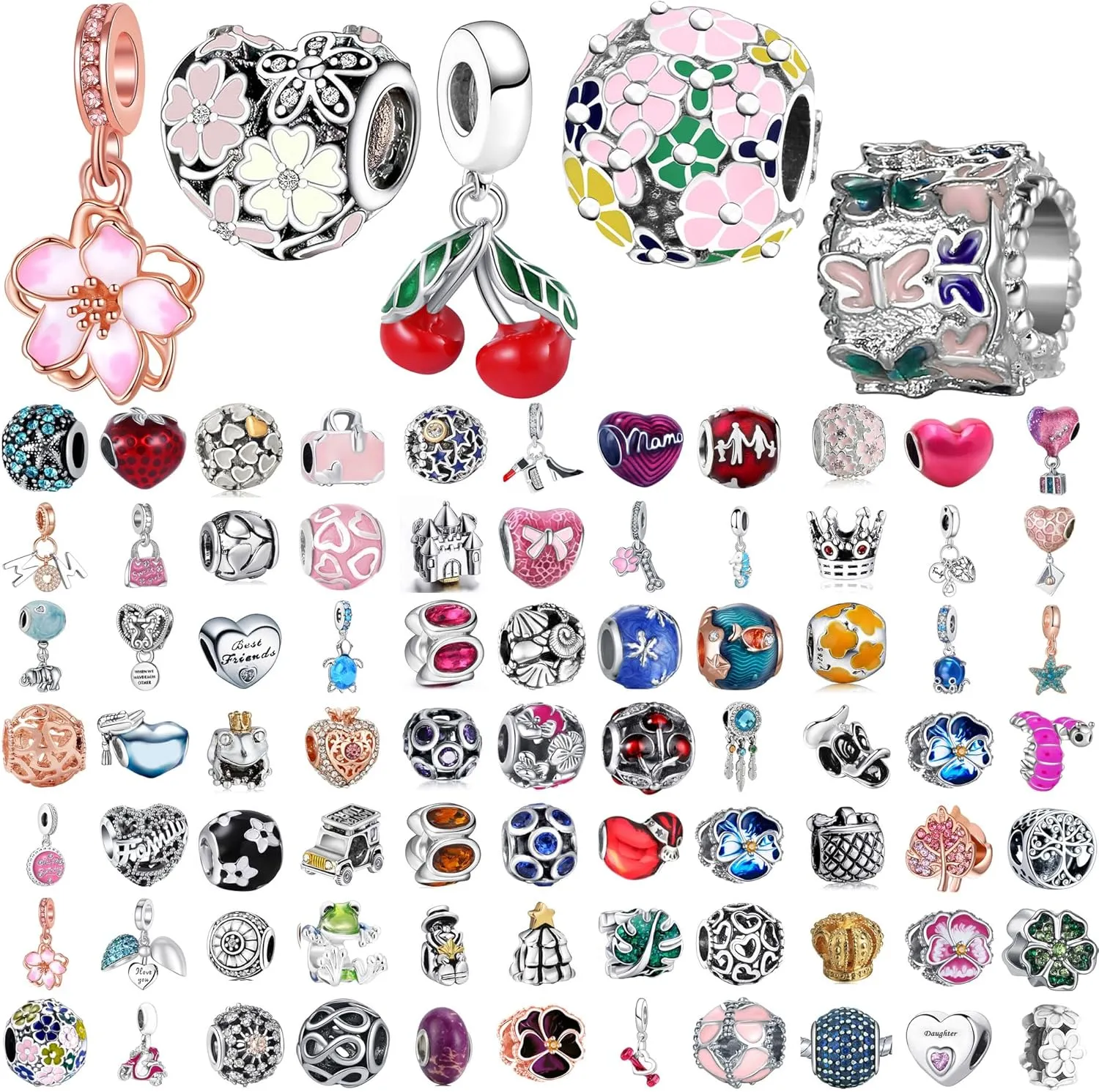 9 Pack Plated Silver Spacer Beads European Charms fit Pandora Bracelet CZ Dangle Enamel Random Mix Set
