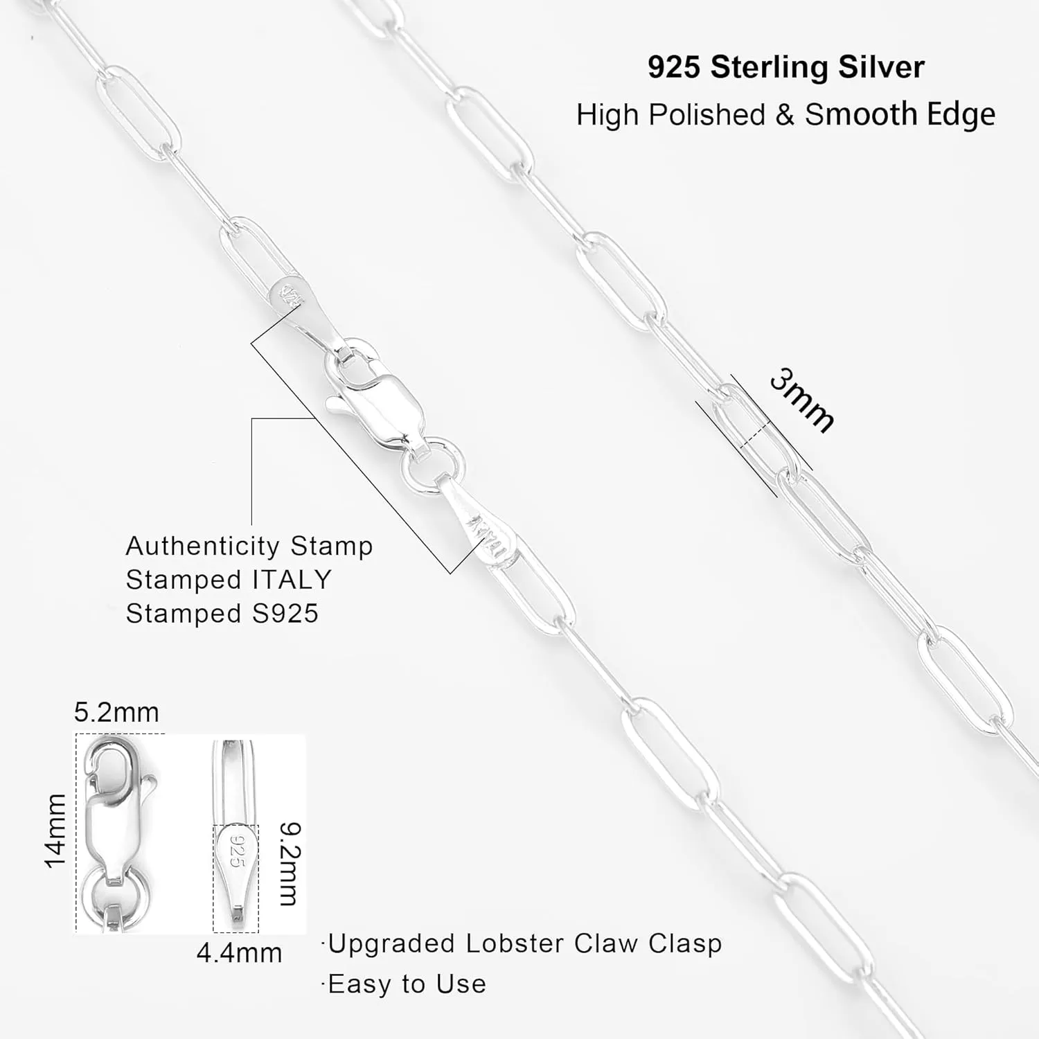 925 Sterling Silver Paperclip Lobster Clasp Chain 3mm 4mm 5mm 6mm 7mm Necklace for Women Men Diamond Cut Silver Necklace Chain 16-30 Inches