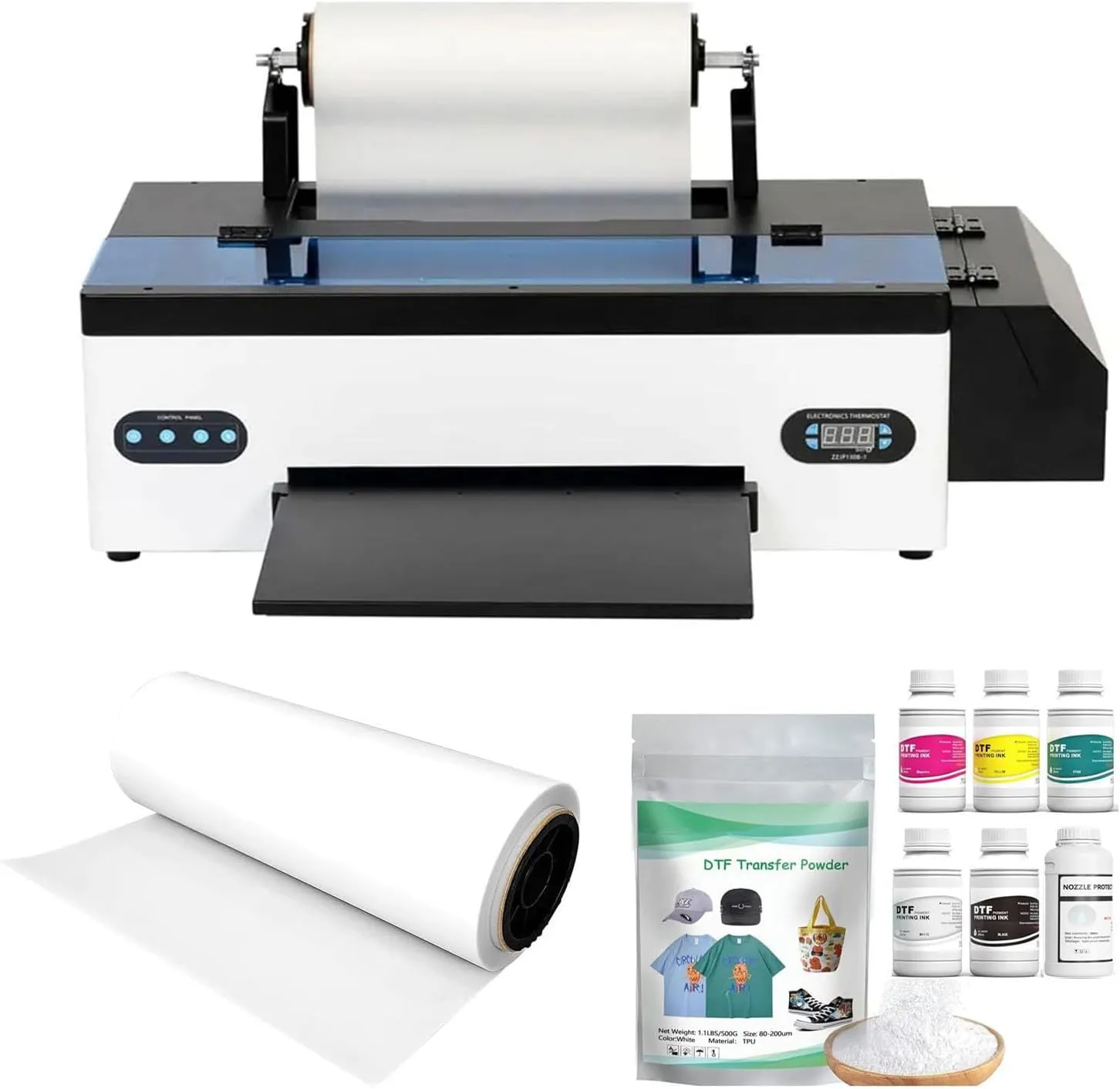 A3 DTF Printer Bundle Set L1800 Direct to Film Transfer Machine Advanced White Ink Circulation System for DIY Print T-Shirts Maker Business, Dark and Light Fabric Printing