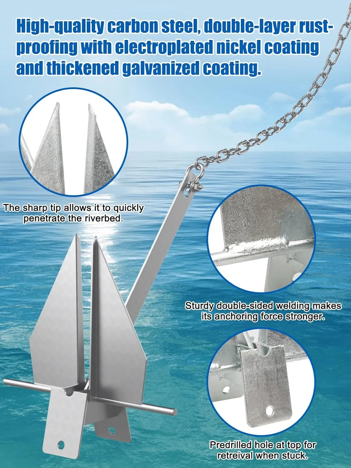 Abimars Boat Anchor Kit, 4 Sizes Fluke Anchor with Float, Chain, Rope, Hot-Dipped Galvanized Steel Anchor for Watercraft Up to 38FT