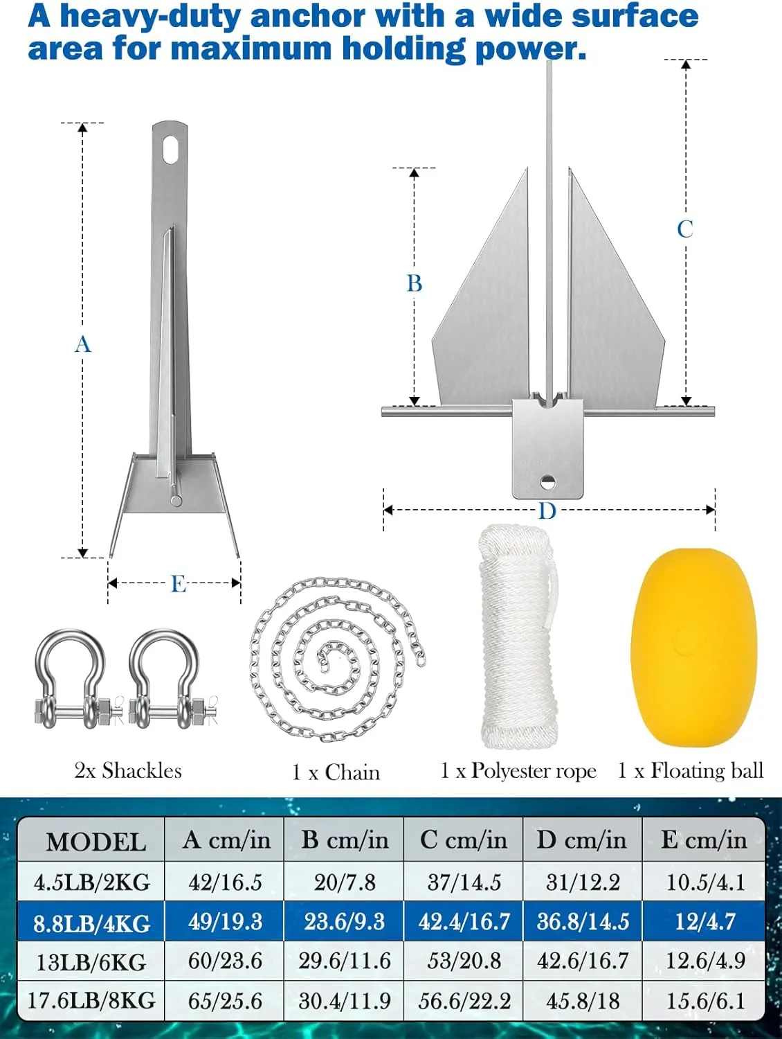 Abimars Boat Anchor Kit, 4 Sizes Fluke Anchor with Float, Chain, Rope, Hot-Dipped Galvanized Steel Anchor for Watercraft Up to 38FT