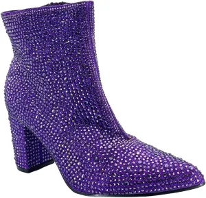 ABSOLEX Women Pointed Toe Rhinestone Block Medium Heel Ankle Booties