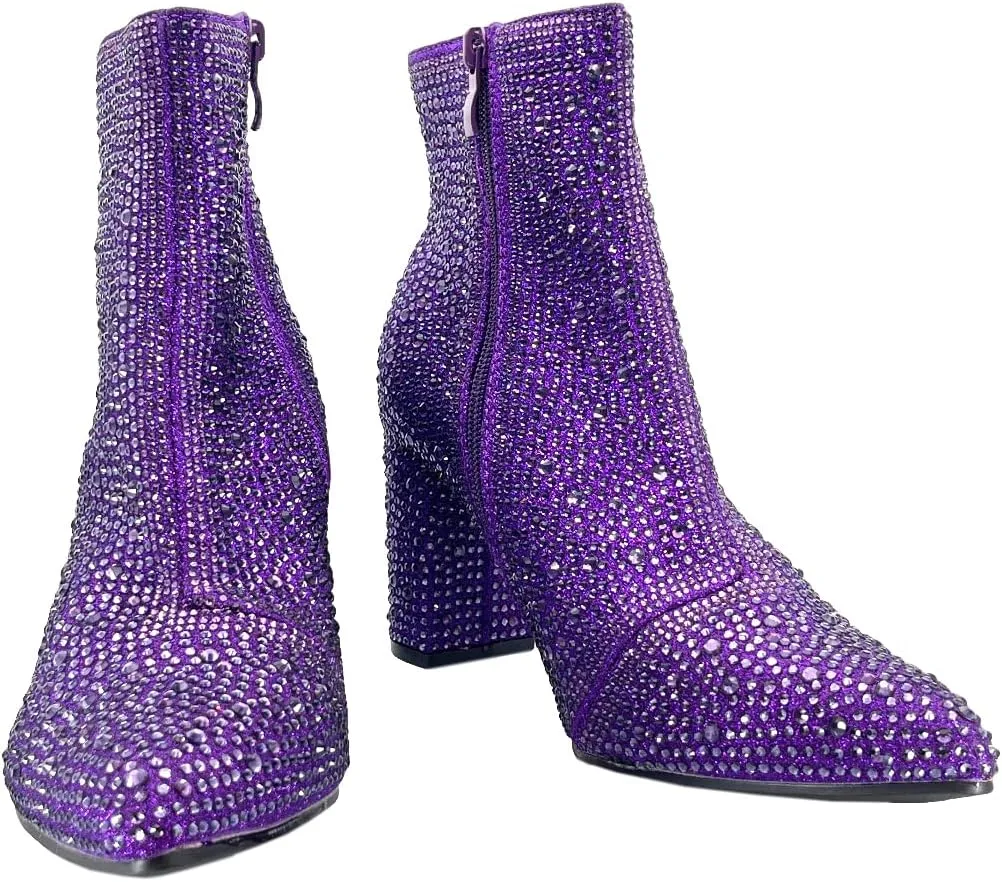 ABSOLEX Women Pointed Toe Rhinestone Block Medium Heel Ankle Booties