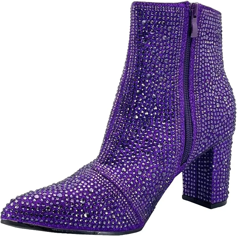ABSOLEX Women Pointed Toe Rhinestone Block Medium Heel Ankle Booties
