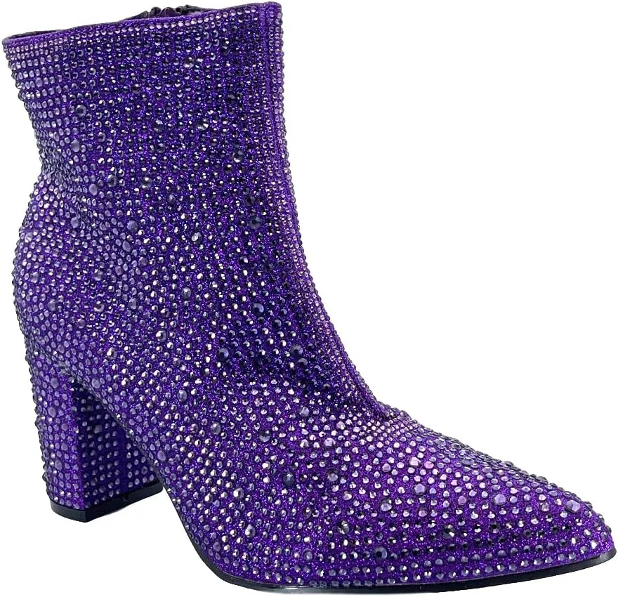 ABSOLEX Women Pointed Toe Rhinestone Block Medium Heel Ankle Booties