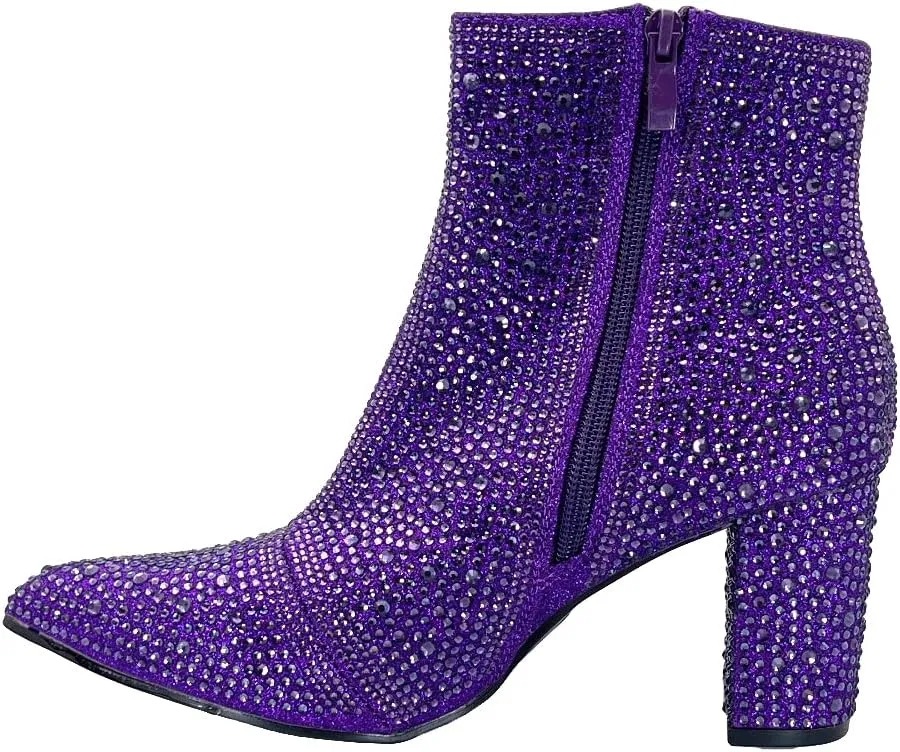 ABSOLEX Women Pointed Toe Rhinestone Block Medium Heel Ankle Booties