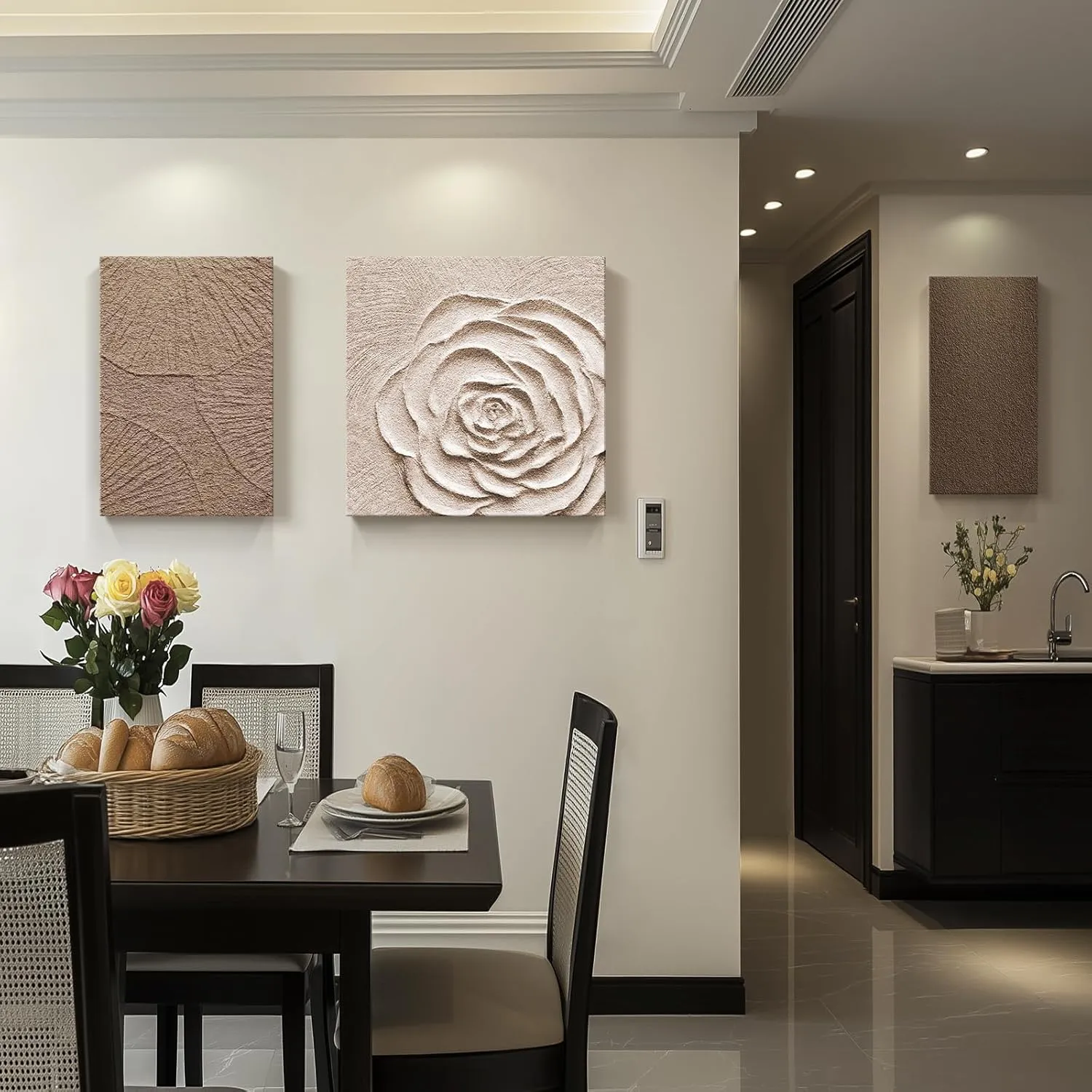 Abstract Neutral Canvas Wall Art, 3 Piece Large Brown Beige Flower Art Wall Decor, Minimalist Wabi Sabi Wall Art Abstract Painting Prints for Living Room Bedroom Office