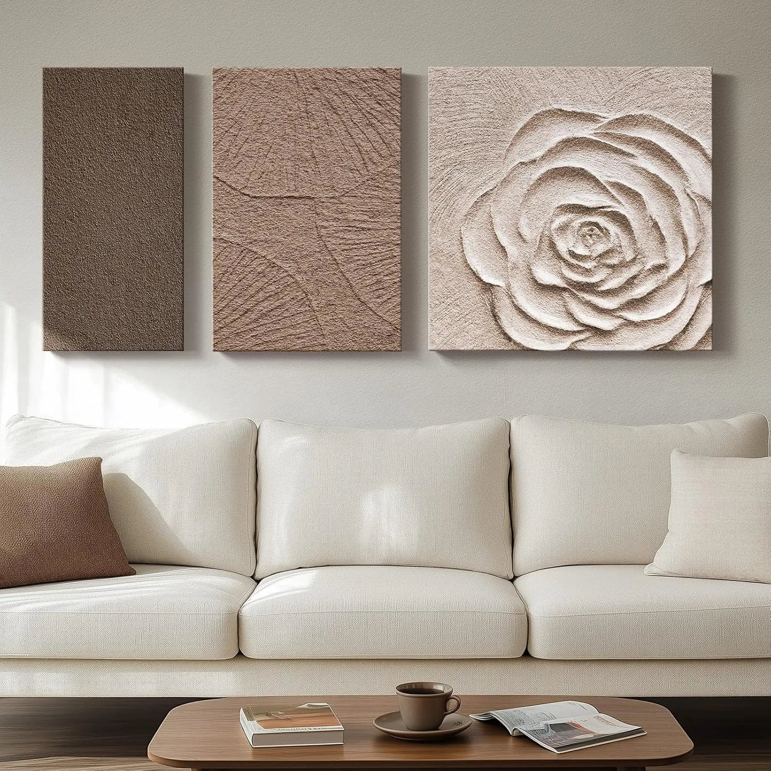 Abstract Neutral Canvas Wall Art, 3 Piece Large Brown Beige Flower Art Wall Decor, Minimalist Wabi Sabi Wall Art Abstract Painting Prints for Living Room Bedroom Office