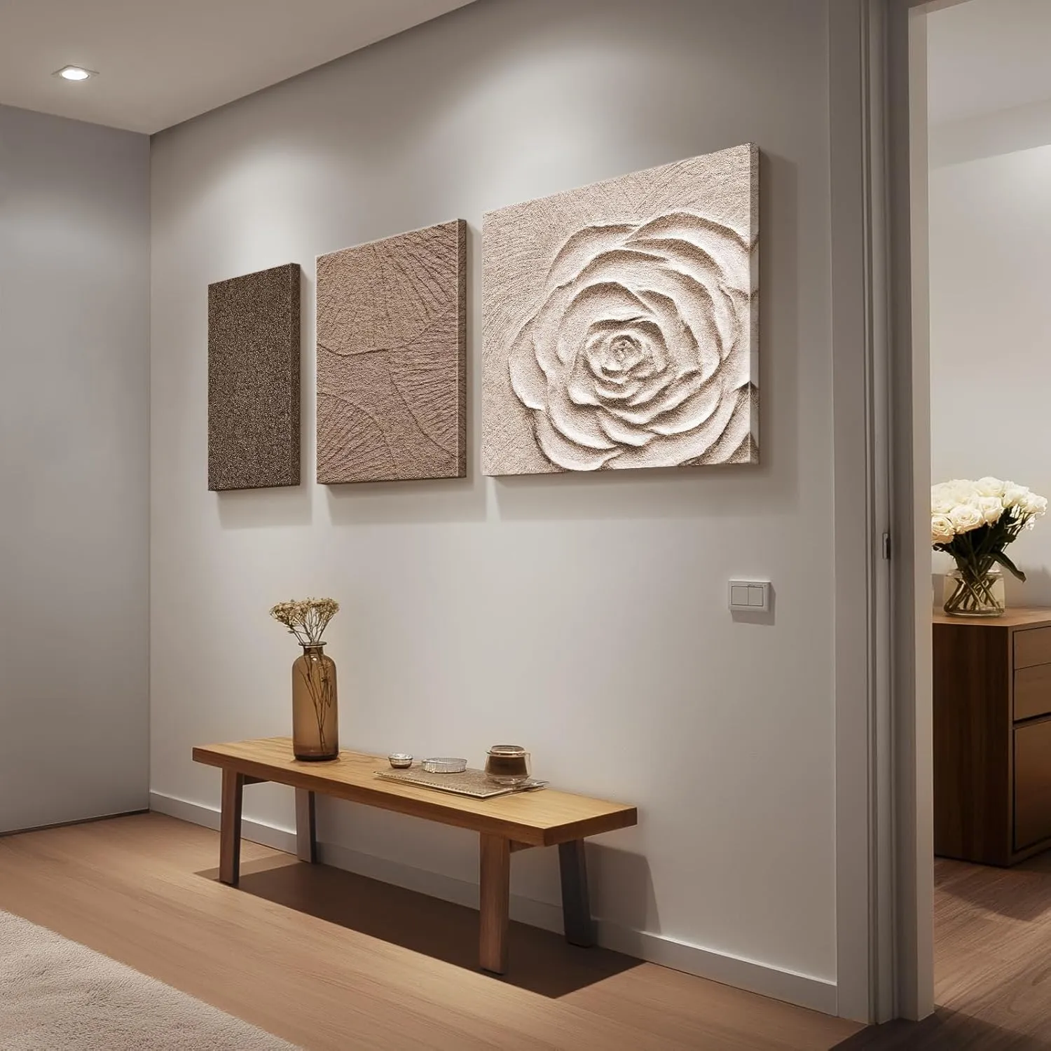 Abstract Neutral Canvas Wall Art, 3 Piece Large Brown Beige Flower Art Wall Decor, Minimalist Wabi Sabi Wall Art Abstract Painting Prints for Living Room Bedroom Office