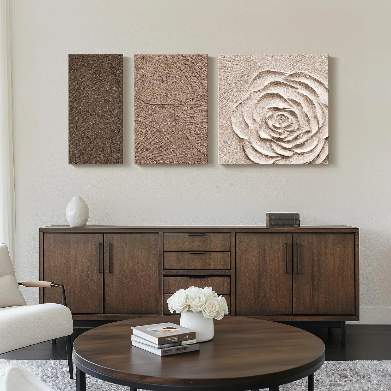 Abstract Neutral Canvas Wall Art, 3 Piece Large Brown Beige Flower Art Wall Decor, Minimalist Wabi Sabi Wall Art Abstract Painting Prints for Living Room Bedroom Office